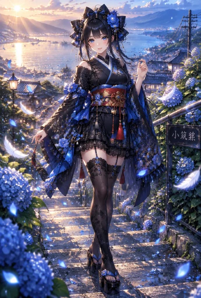 Anime Maiden on Seaside Hydrangea Stairway