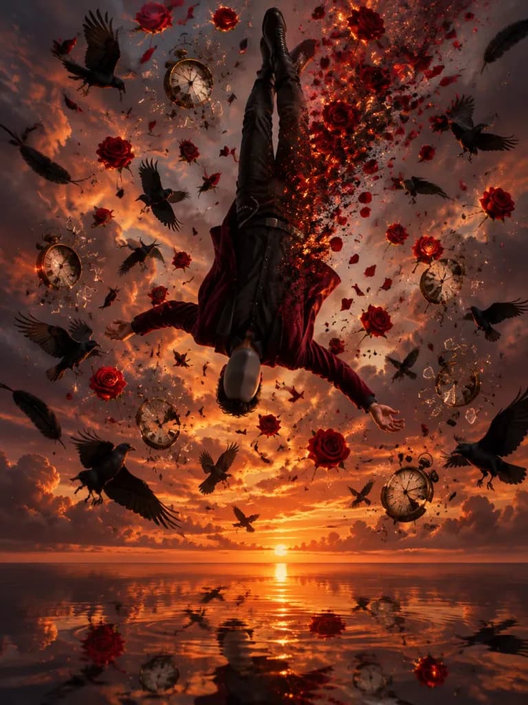 Upside-Down Man Dissolving Over Sunset Ocean