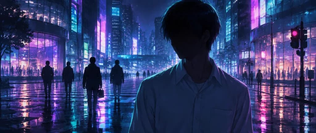 Moody Faceless Youth in Rainy Neon City