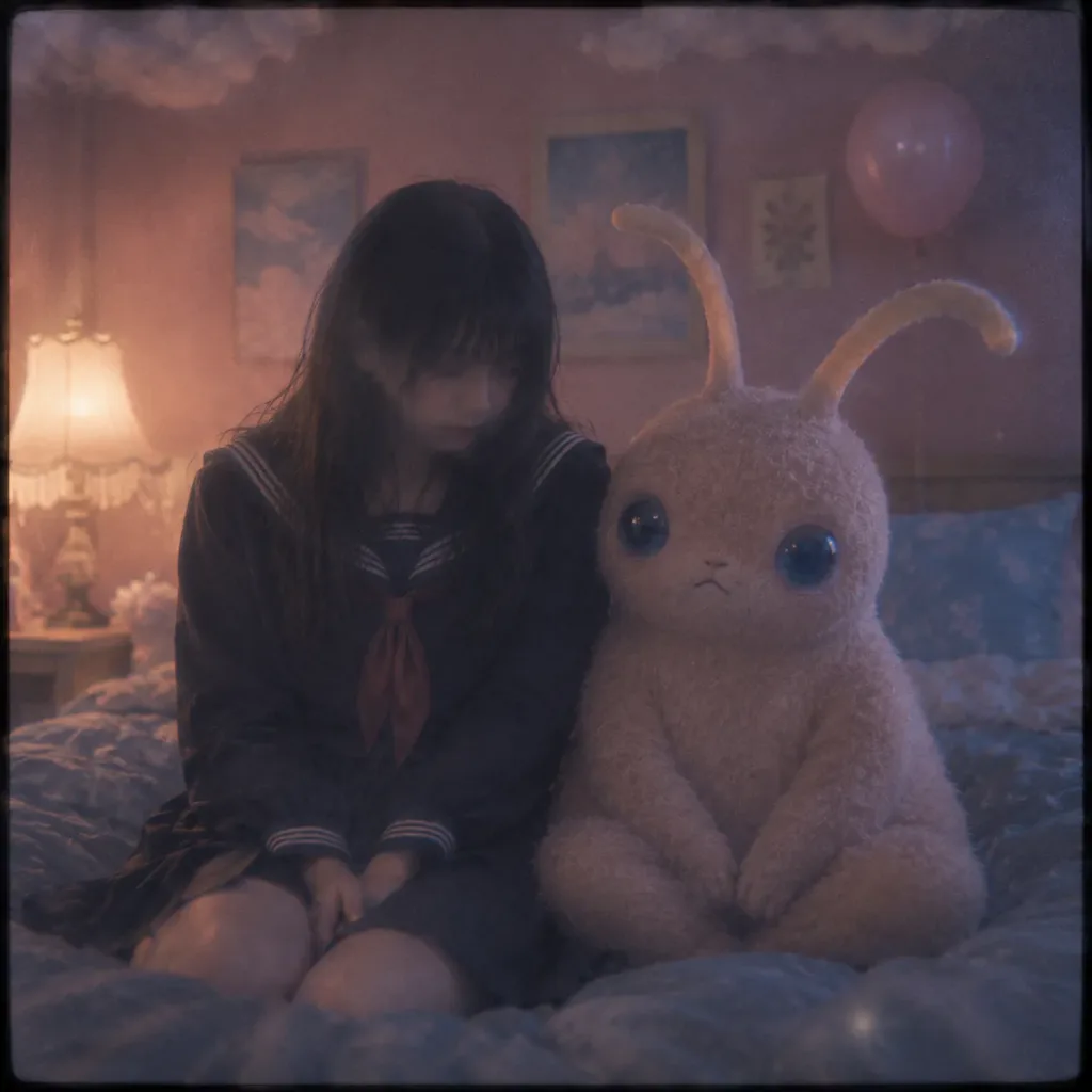 Schoolgirl and Imaginary Companion in Bedroom