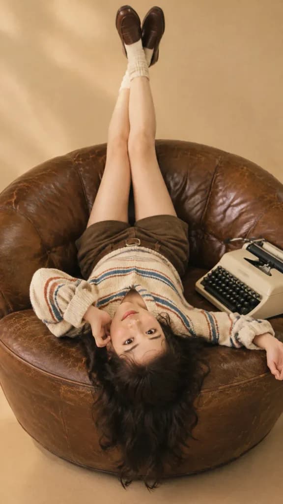 Retro Editorial Upside-Down Leather Chair Portrait