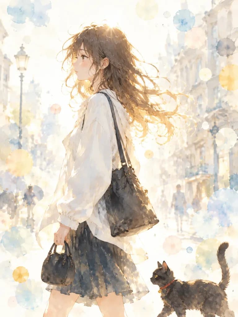 夢幻水彩風動漫少女與黑貓