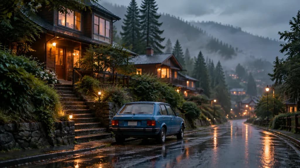 黃昏雨中山坡街道