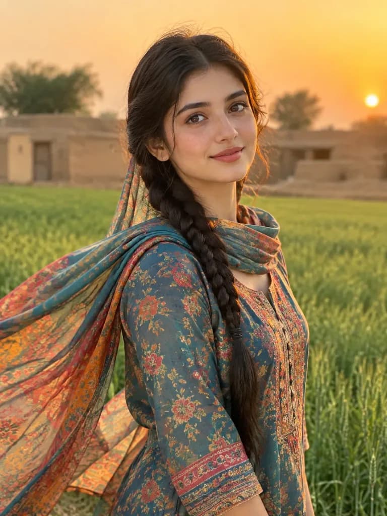 南アジアの村の女性 夕暮れポートレート