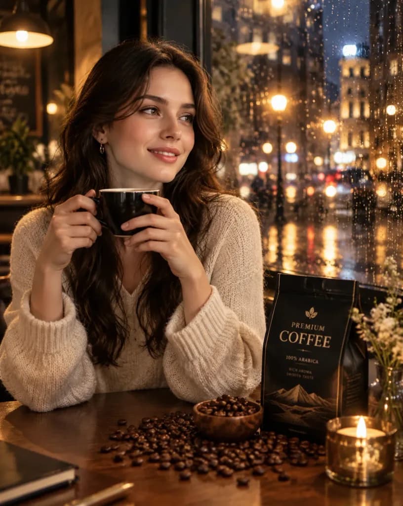 雨のカフェ窓辺の高級コーヒーポートレート