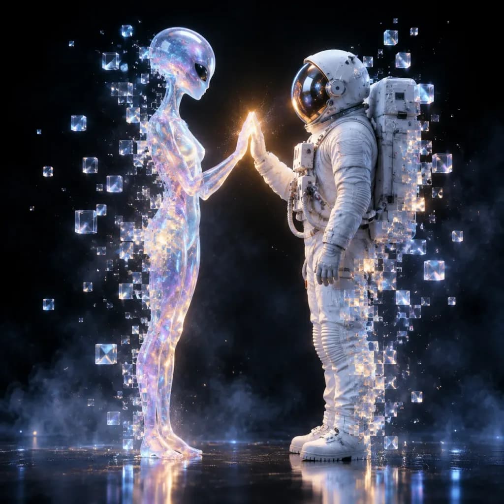 Pixel Glass Alien and Astronaut Contact