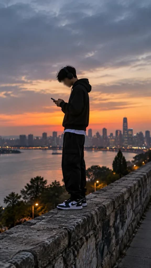 石壁の上でスマホを見る若い男性