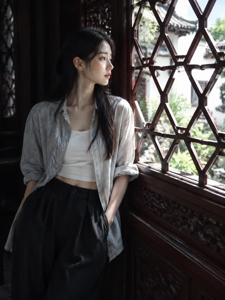 쑤저우 정원 창가의 자연스러운 인물 사진
