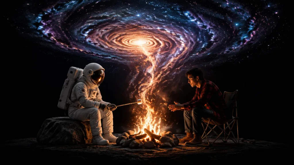 Astronaut and Man Sharing Cosmic Campfire
