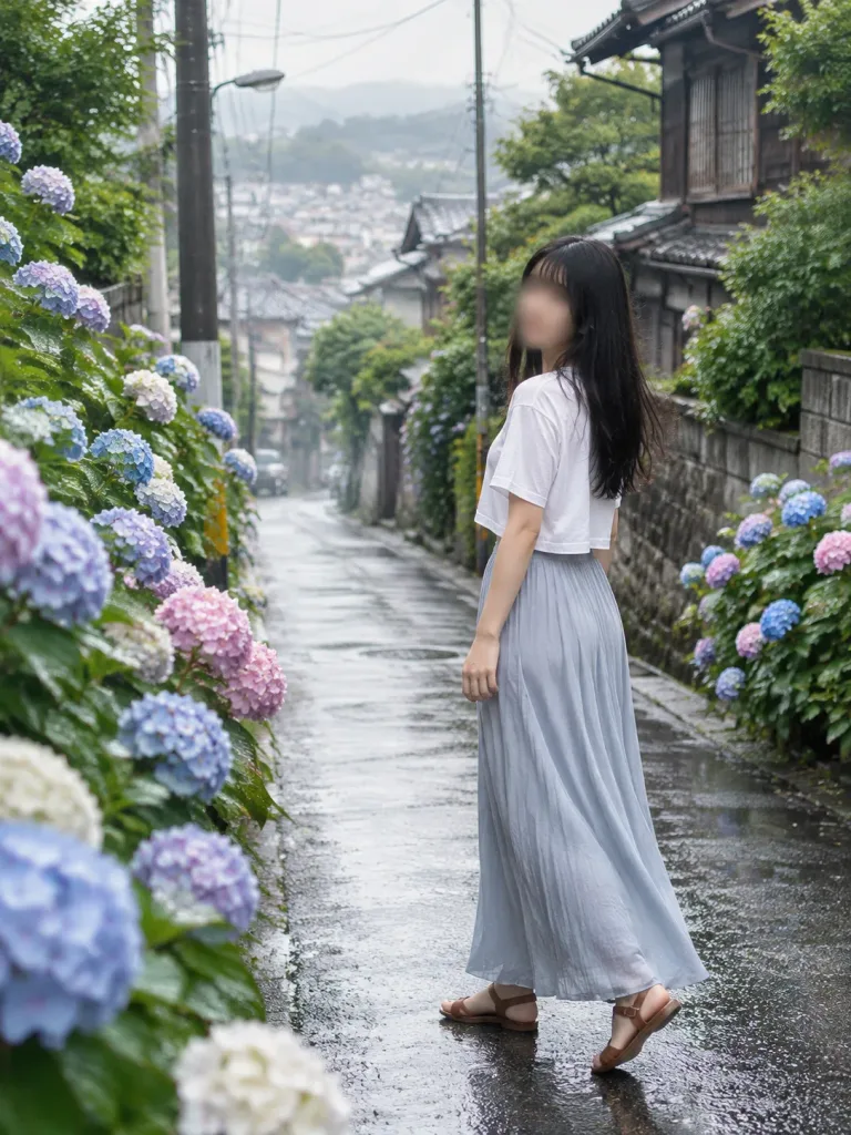 Rainy Hydrangea Street Portrait in Japan