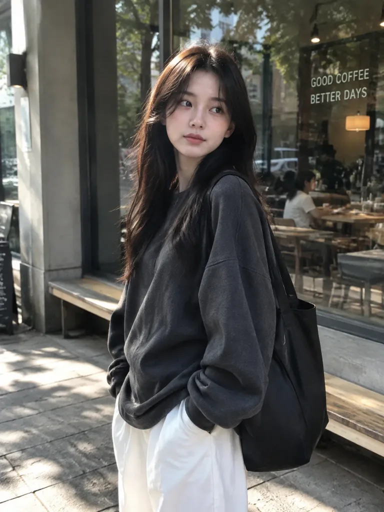 カフェ前の自然なストリートポートレート