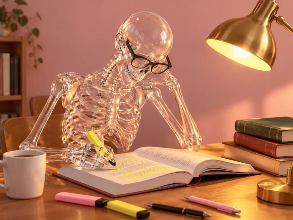 Glass Skeleton Studying at Desk