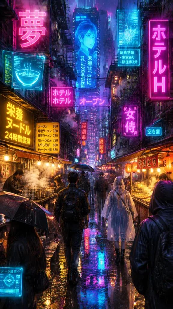 Ultra-Dense Cyberpunk Rain Alley Market