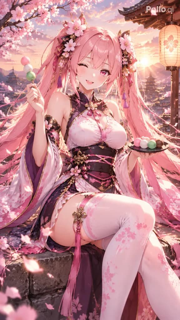 夕暮れの桜くのいちと団子