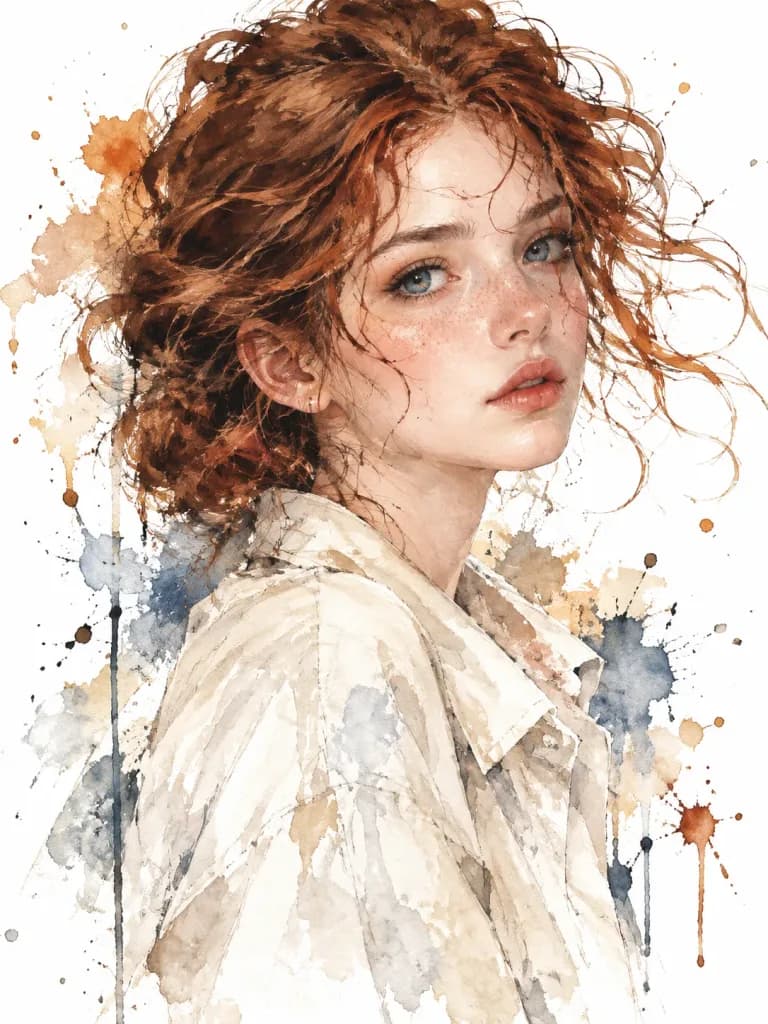 표현력 넘치는 수채화 및 잉크 여성 초상화