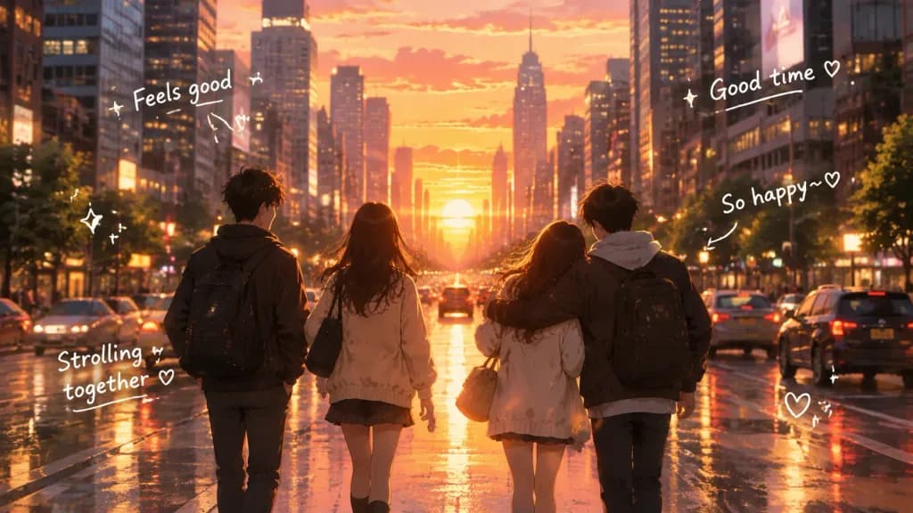 골든 아워 도시 거리의 일몰 풍경
