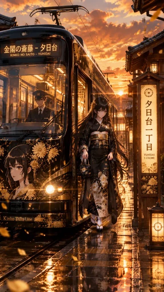 Kimono Girl at Sunset Tram Stop