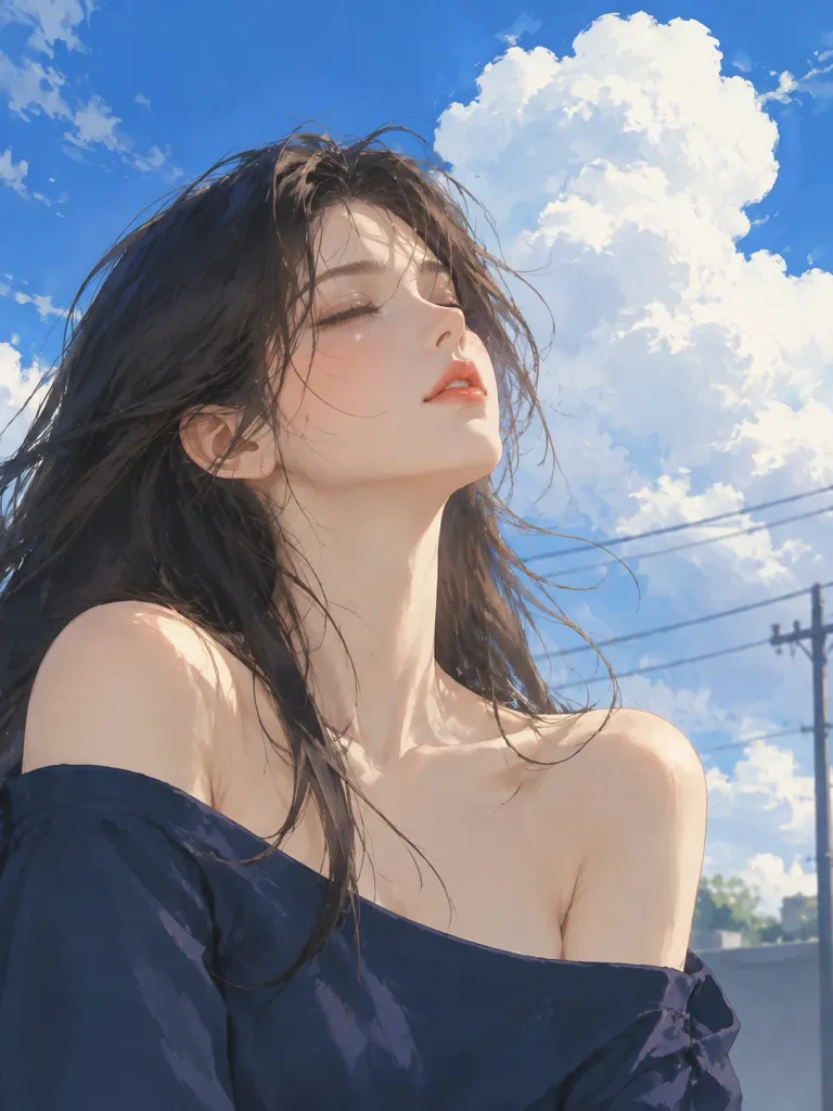 푸른 하늘 아래의 에디토리얼 패션 초상화