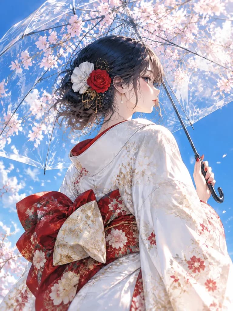 Kimono Girl Blossom Umbrella Double Exposure