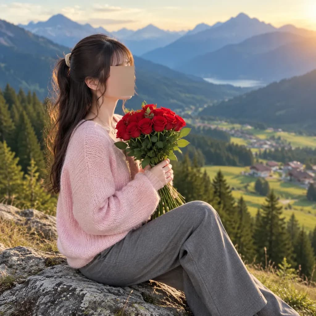 Seated Alpine Portrait with Rose Bouquet