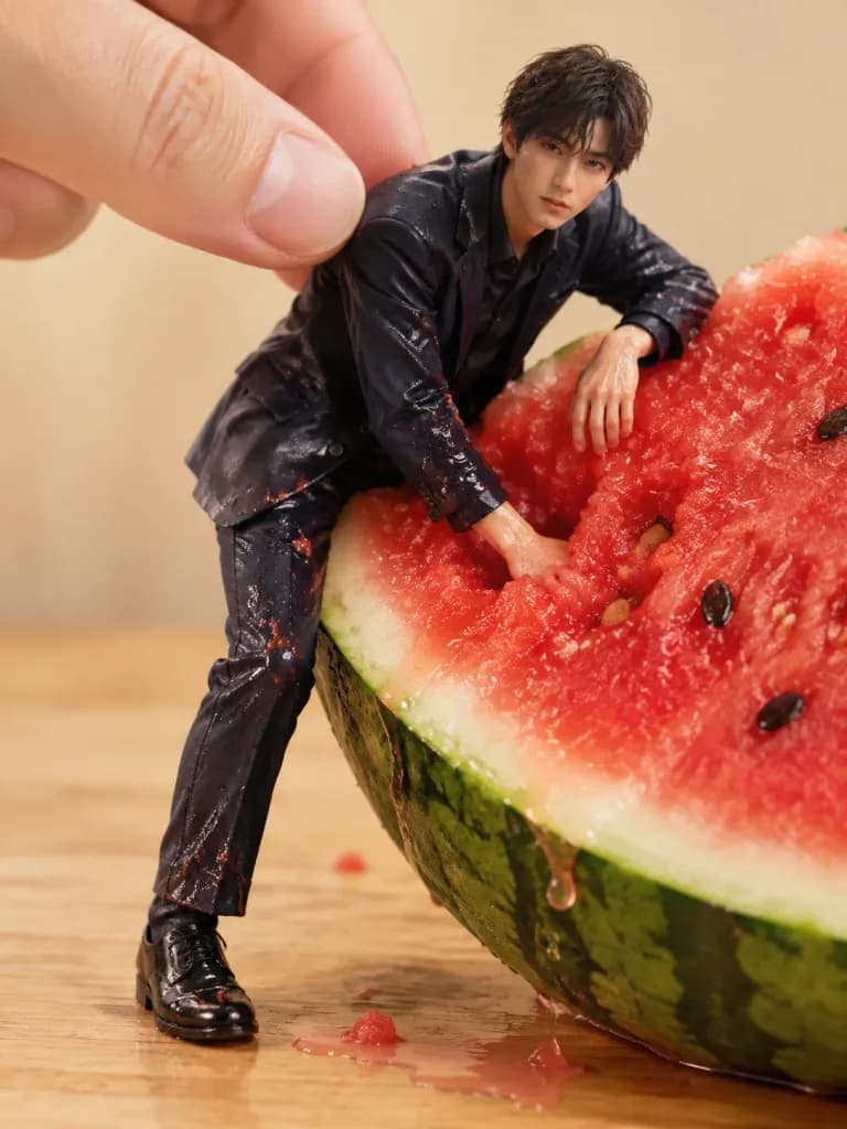 Miniature Figurine on Watermelon Wedge