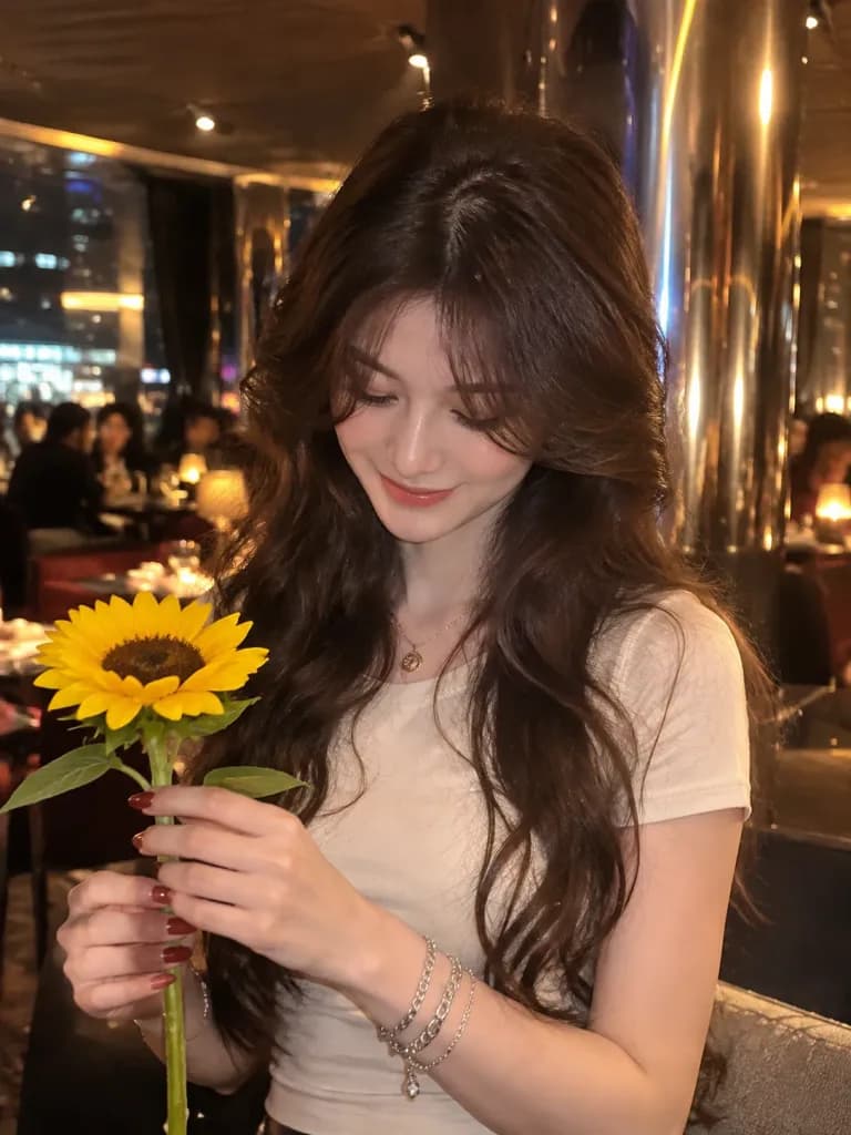 아늑한 라운지에서 해바라기를 든 여성