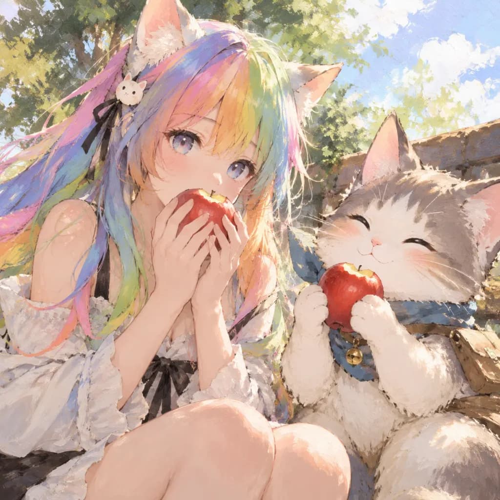 Cat-Eared Girls Sharing an Apple
