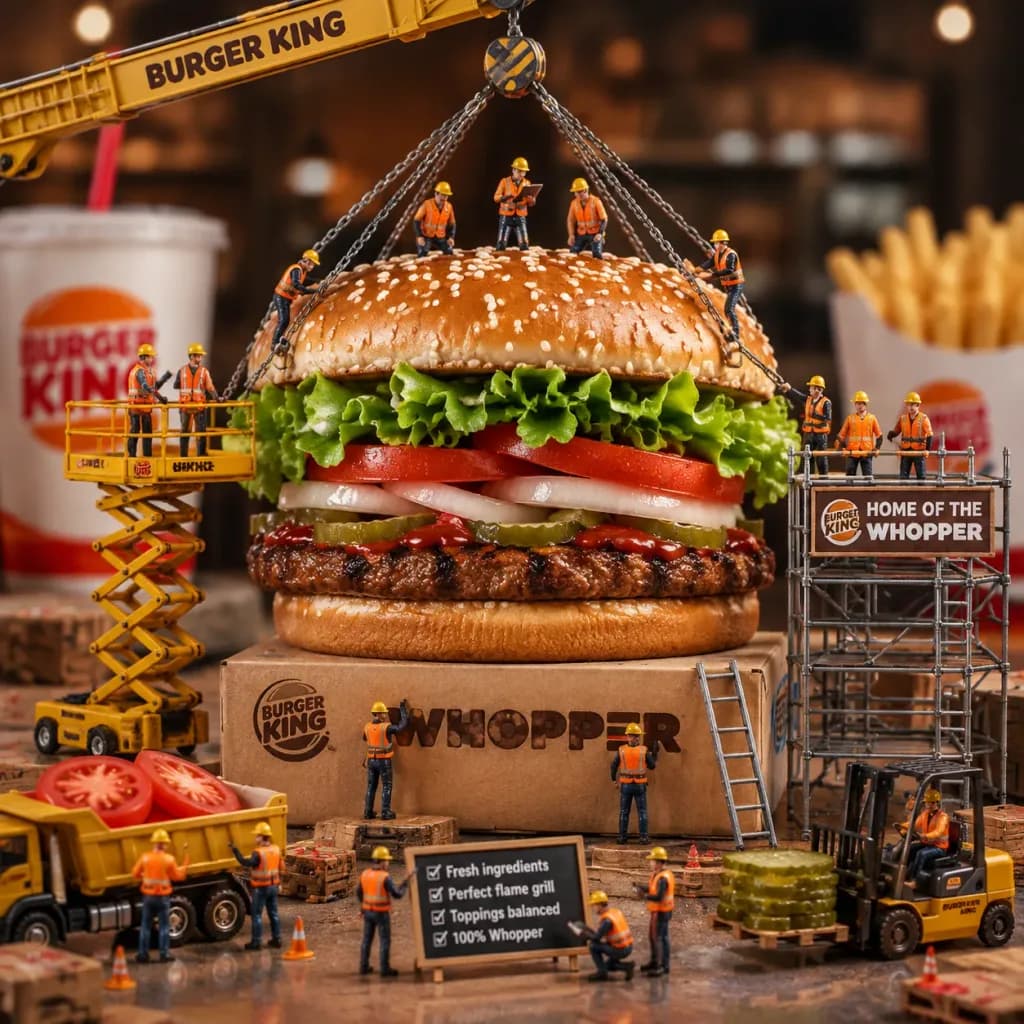 巨大バーガーを組み立てるミニチュア作業員ジオラマ