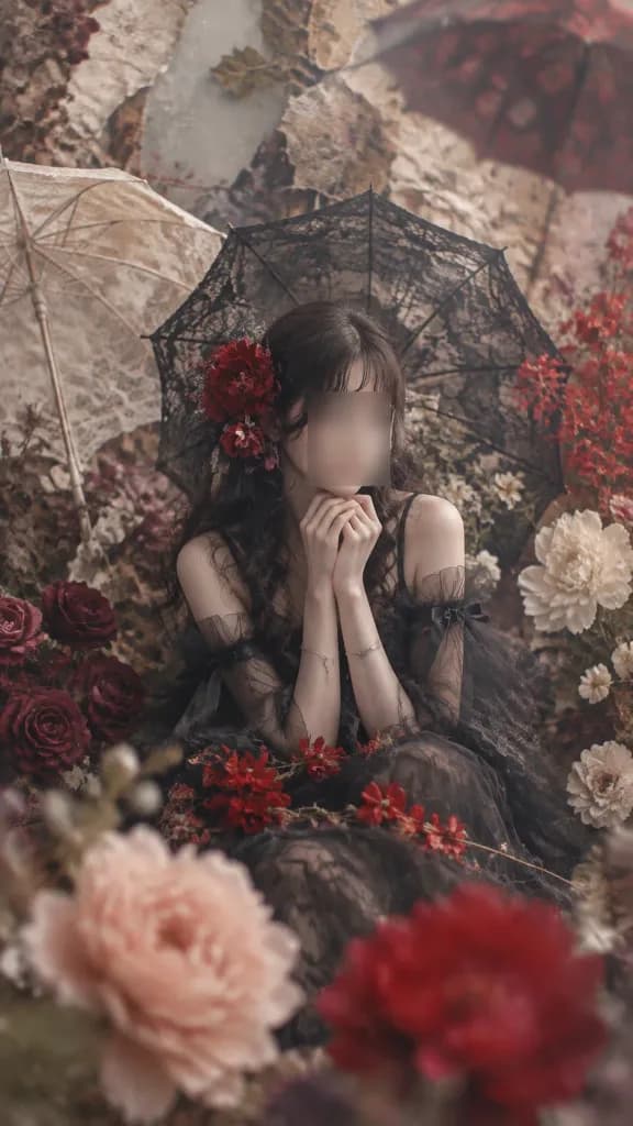 日傘と花園のゴシックエディトリアルポートレート
