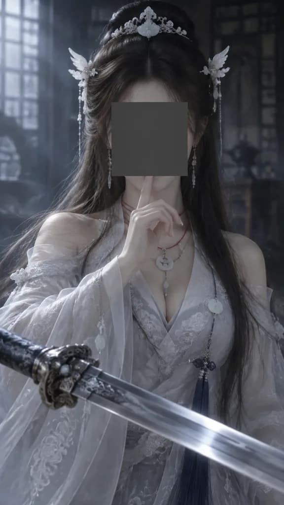 面部遮蔽的仙俠女劍客肖像