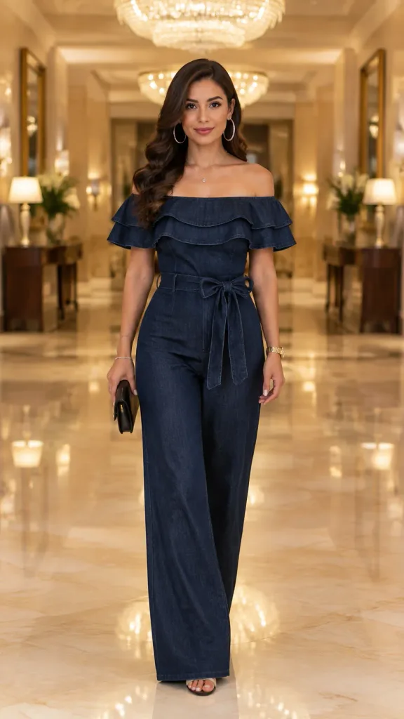 Luxury Hotel Denim Jumpsuit Fashion Portrait