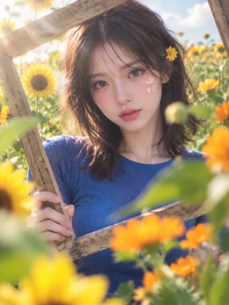 ひまわり畑の額縁ポートレート