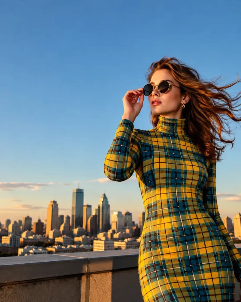 Mode Éditoriale sur Toit au Coucher du Soleil