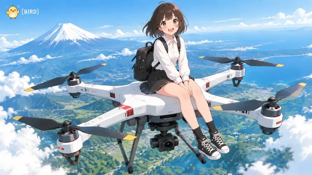 Schoolgirl Riding Drone Over Mount Fuji
