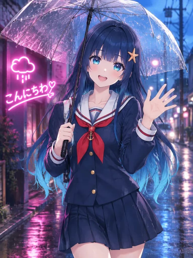 Anime Girl Waving in Rainy Neon Alley