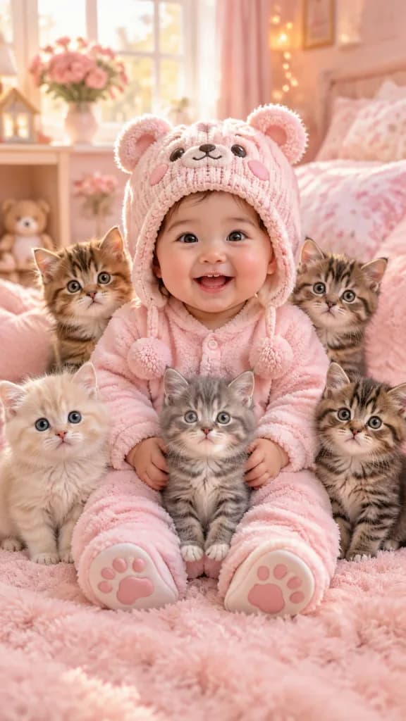 Baby in Knitted Hat With Kittens