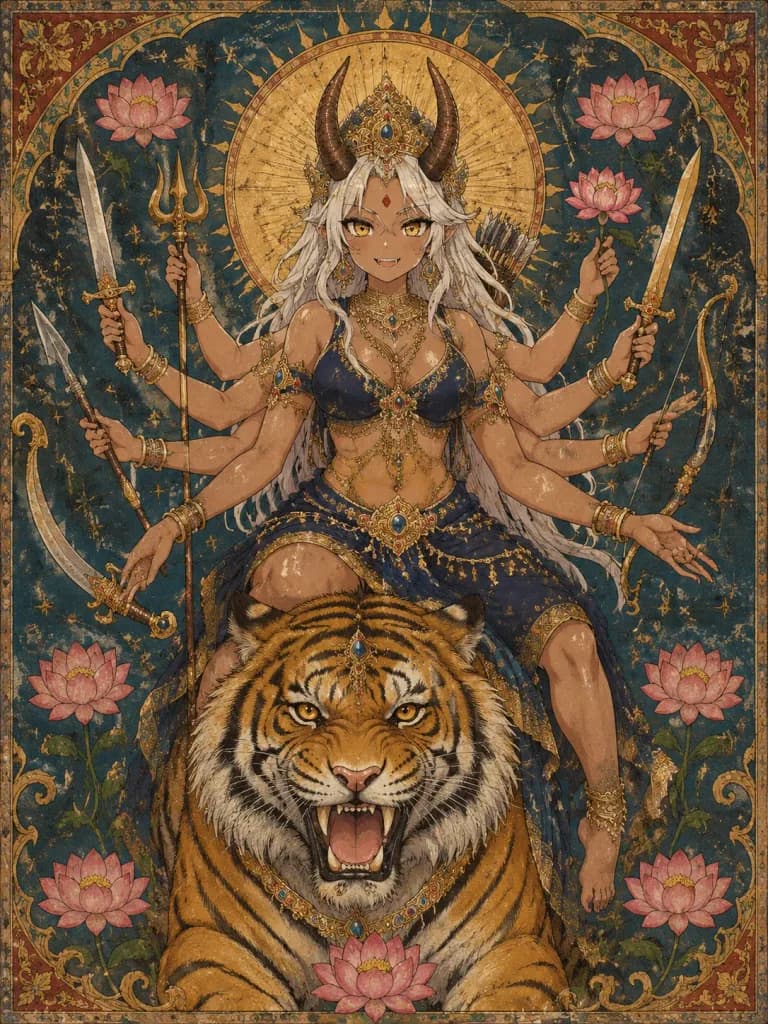 Oni Durga Goddess Astride Bengal Tiger