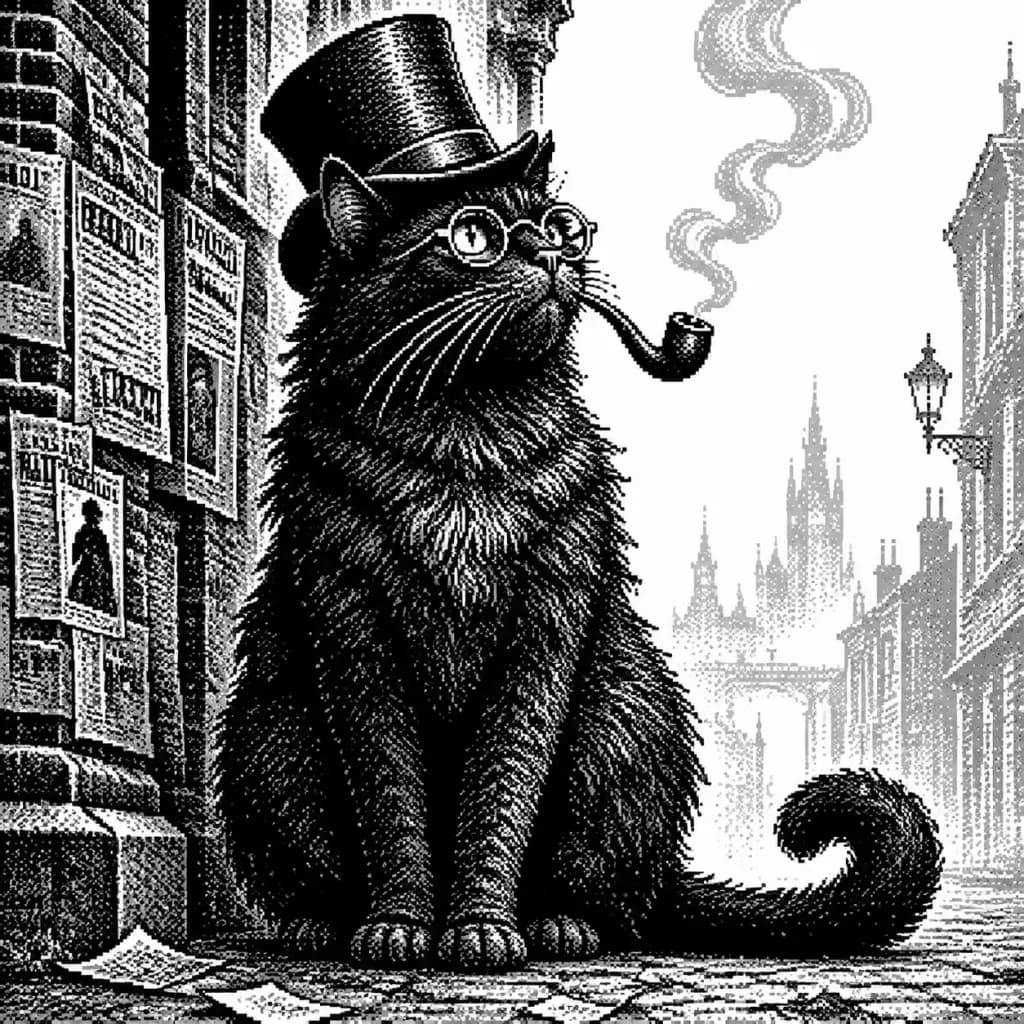 Victorian Etching Pixel Smoking Cat