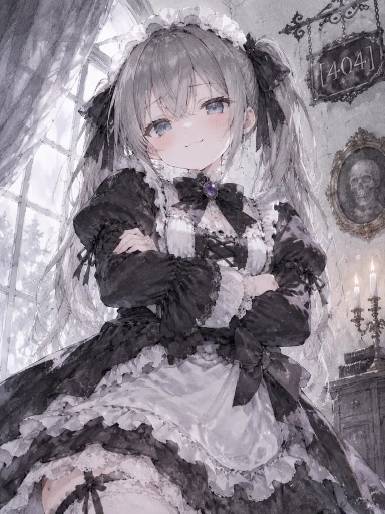 Smug Gothic Maid Anime Watercolor Portrait