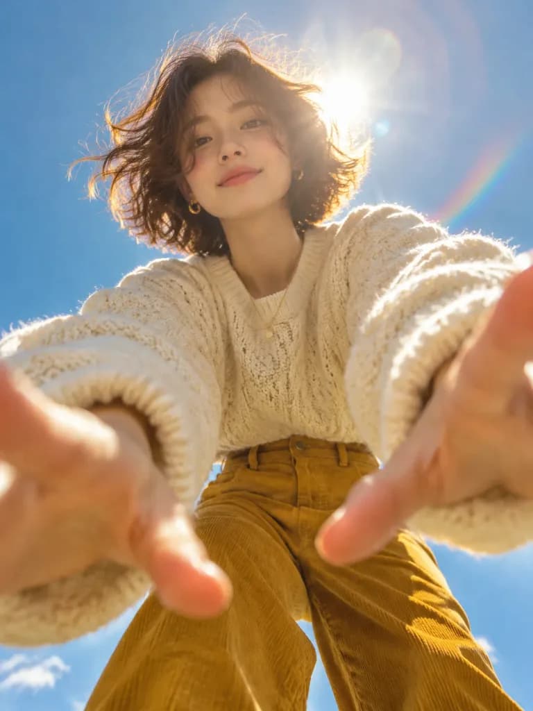 ワームズアイ視点のゴールデンアワーファッションポートレート