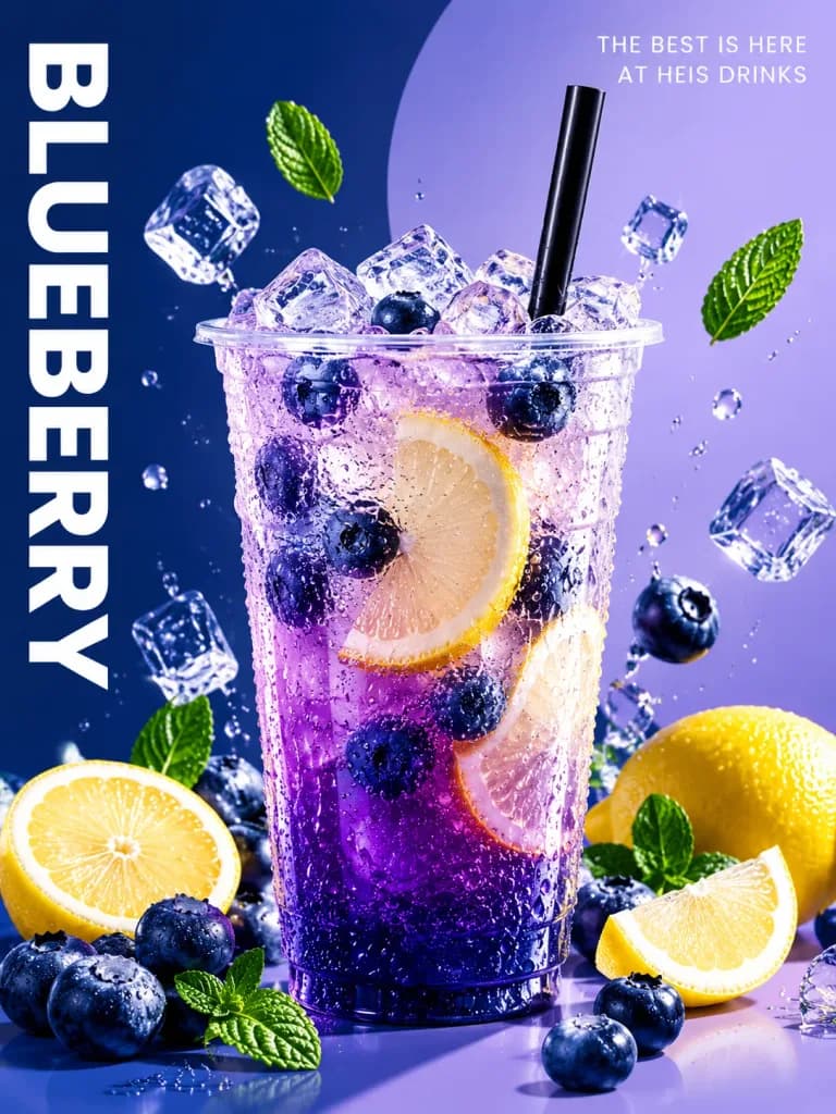冷えたブルーベリーレモネードの飲料広告ポスター