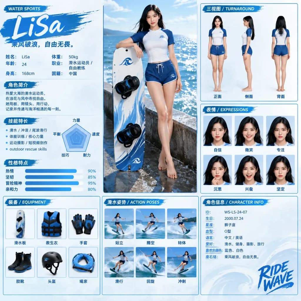 Wakeboarding Athlete Character Design Sheet