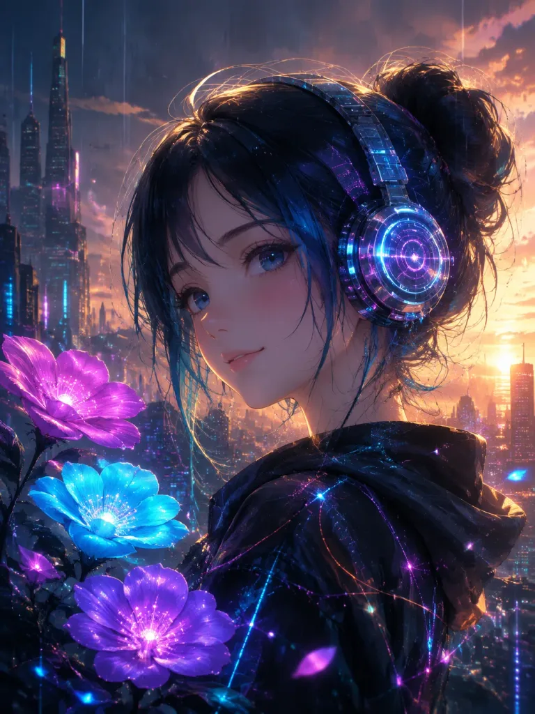 Cyberpunk Neon Flower Anime Portrait