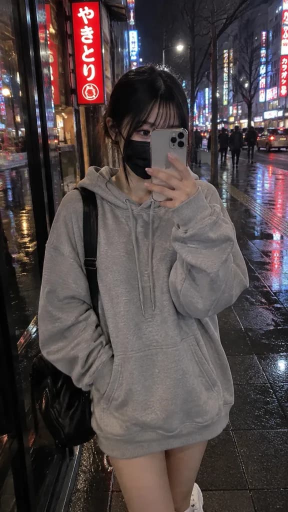 비 내리는 네온 거리 거울 셀카