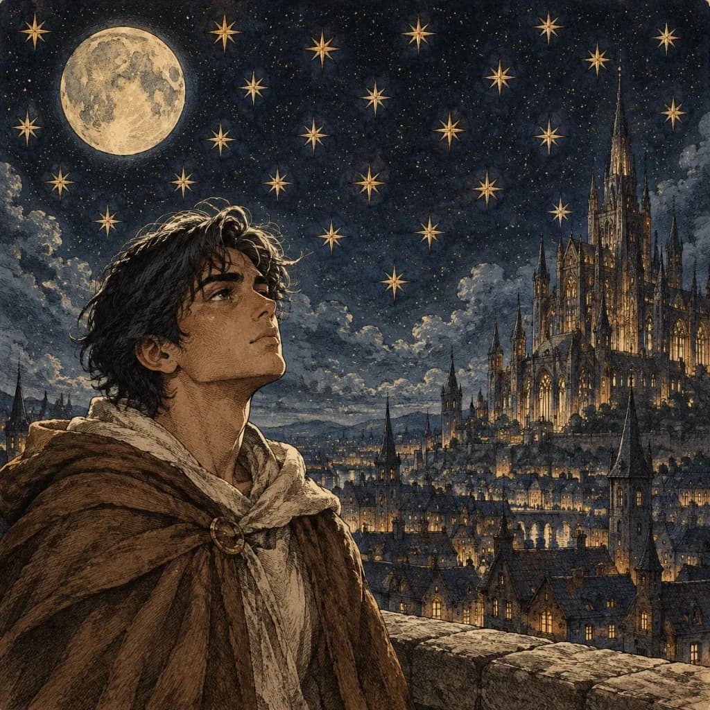 Moonlit Traveler Over Nocturnal Medieval City