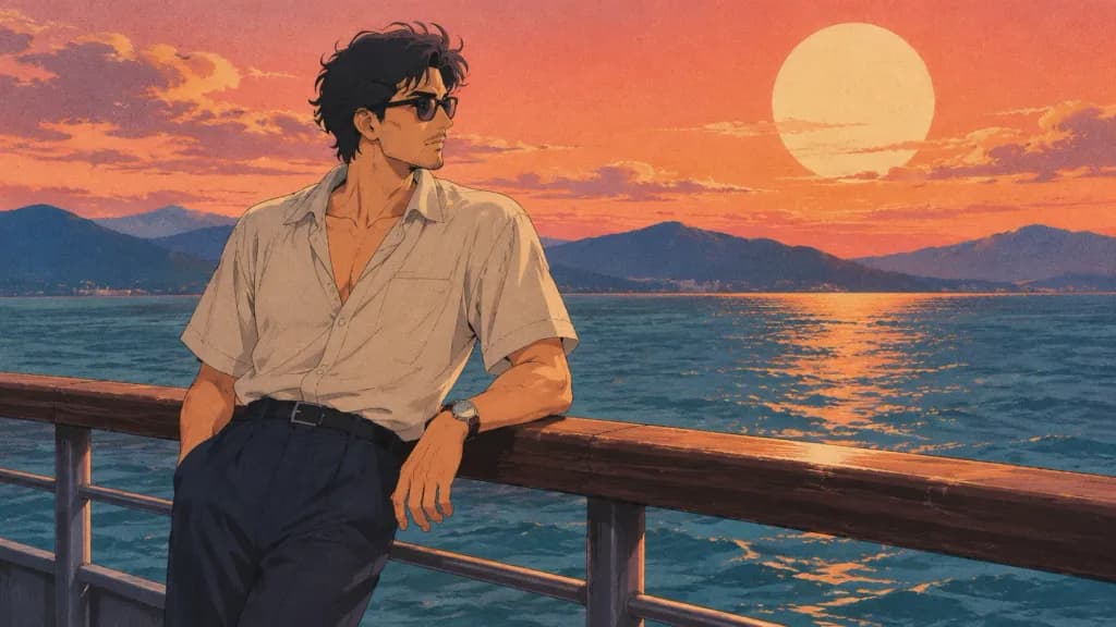 Retro 80s City Pop Waterfront Illustration