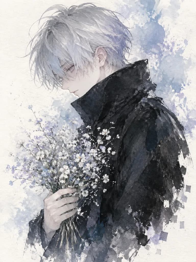 Giovane Anime Malinconico ad Acquerello con Fiori