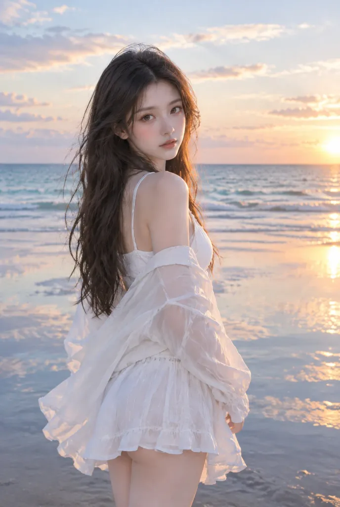 노을빛 물거울 해변의 뒤돌아보는 여성