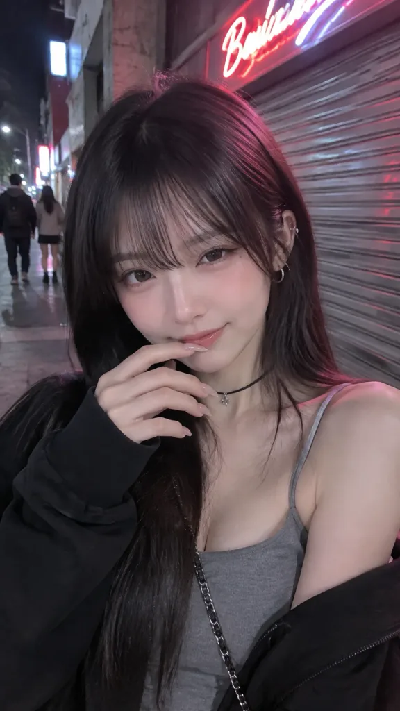 霓虹夜街自拍人像