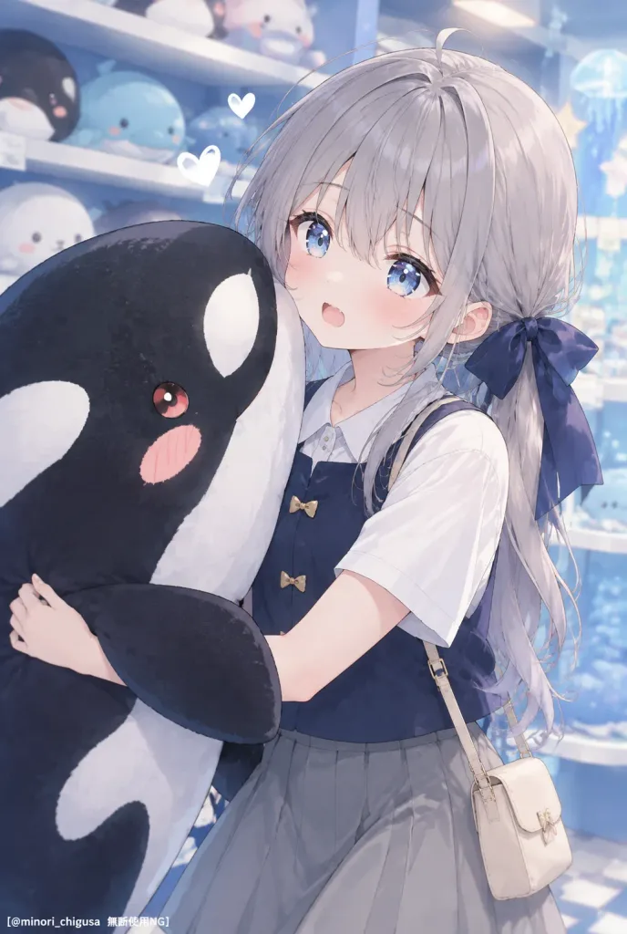 シャチのぬいぐるみを抱くアニメ少女